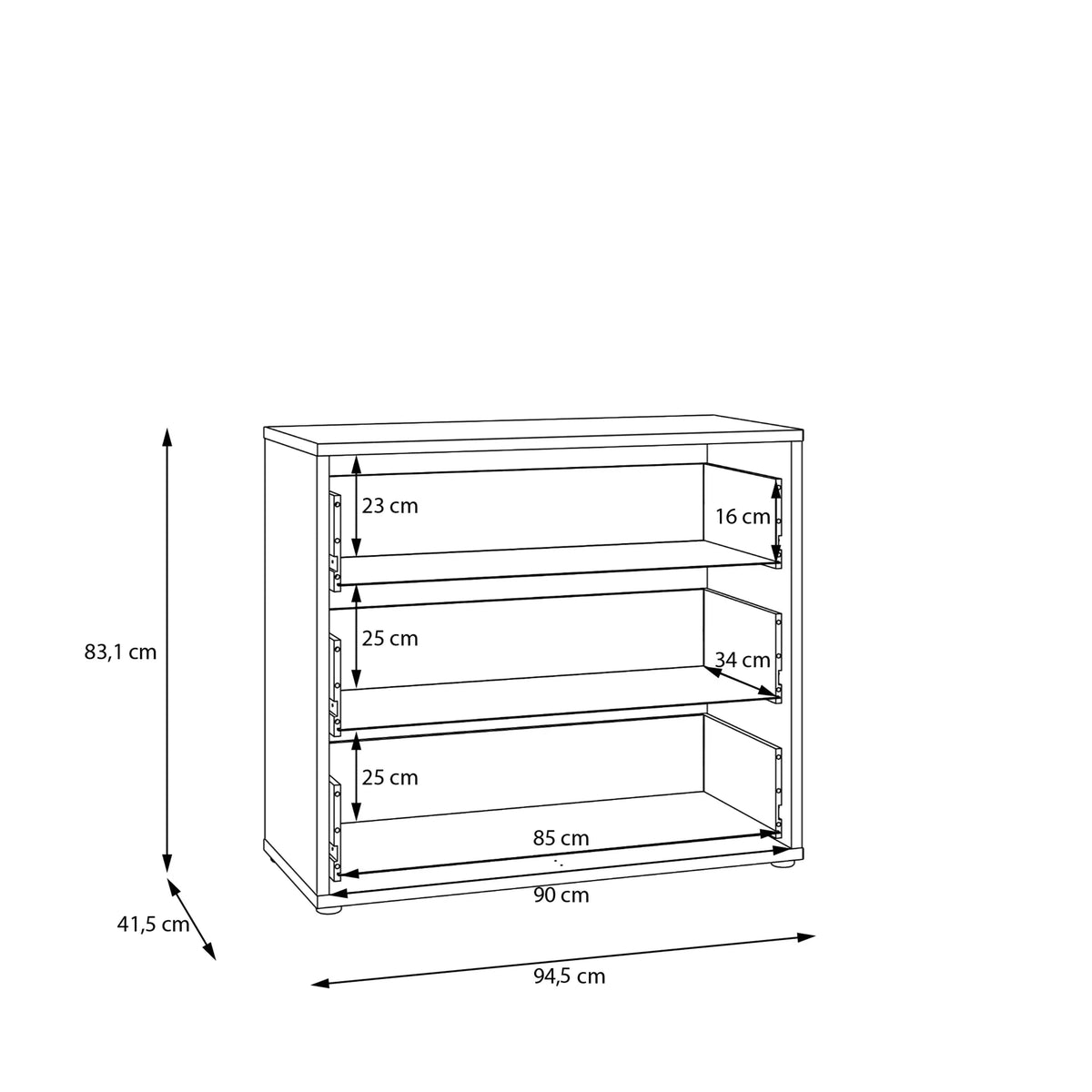 Dimensions of a bookshelf with measurements in centimeters