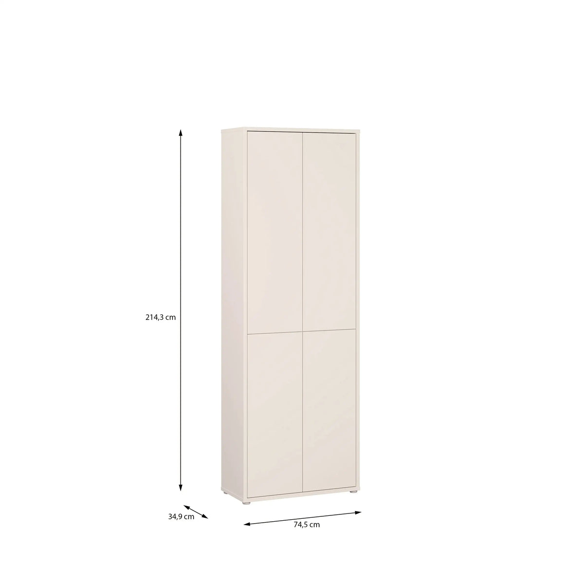 White cabinet with dimensions indicated on a white background