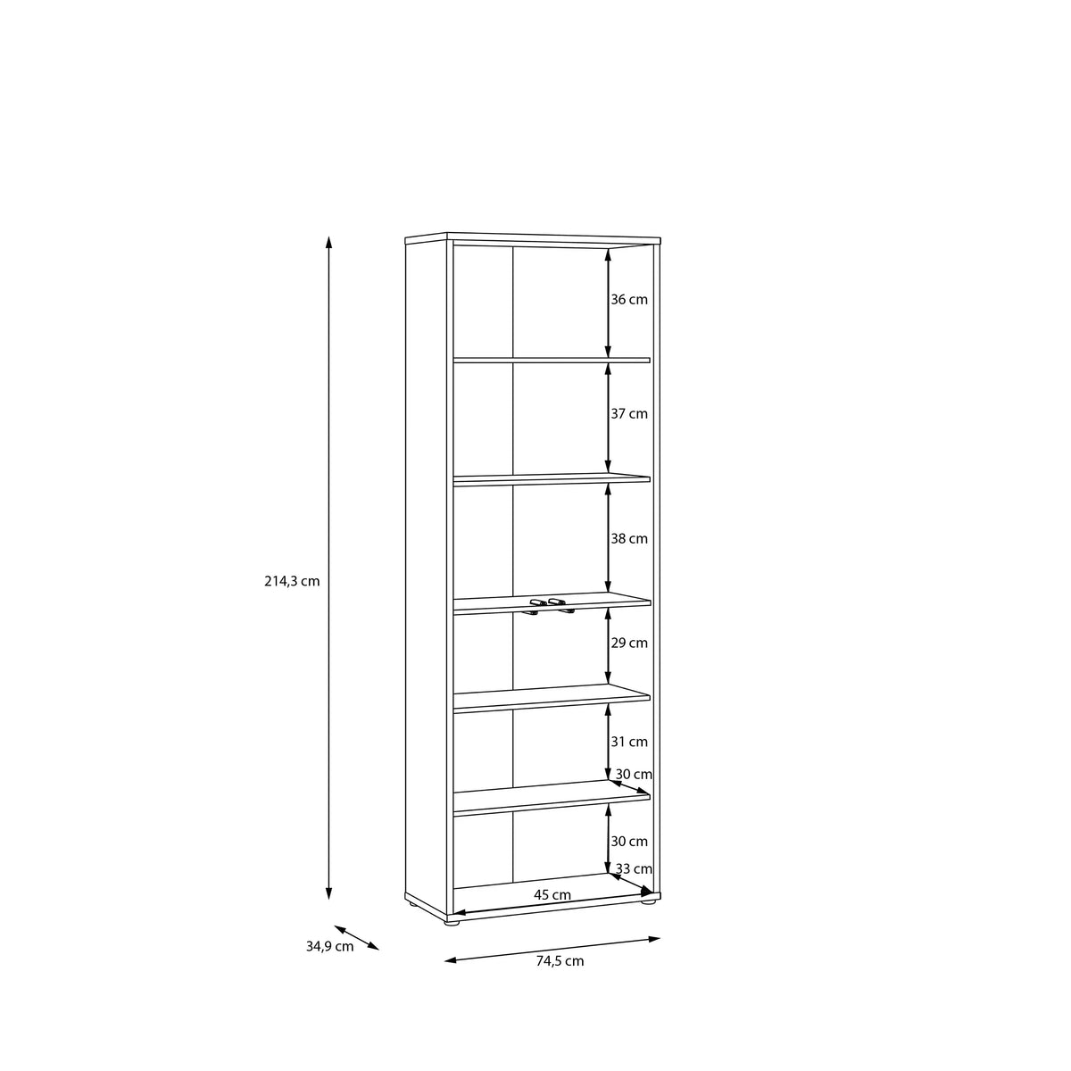 Dimensions of a bookshelf with measurements in centimeters on a white background