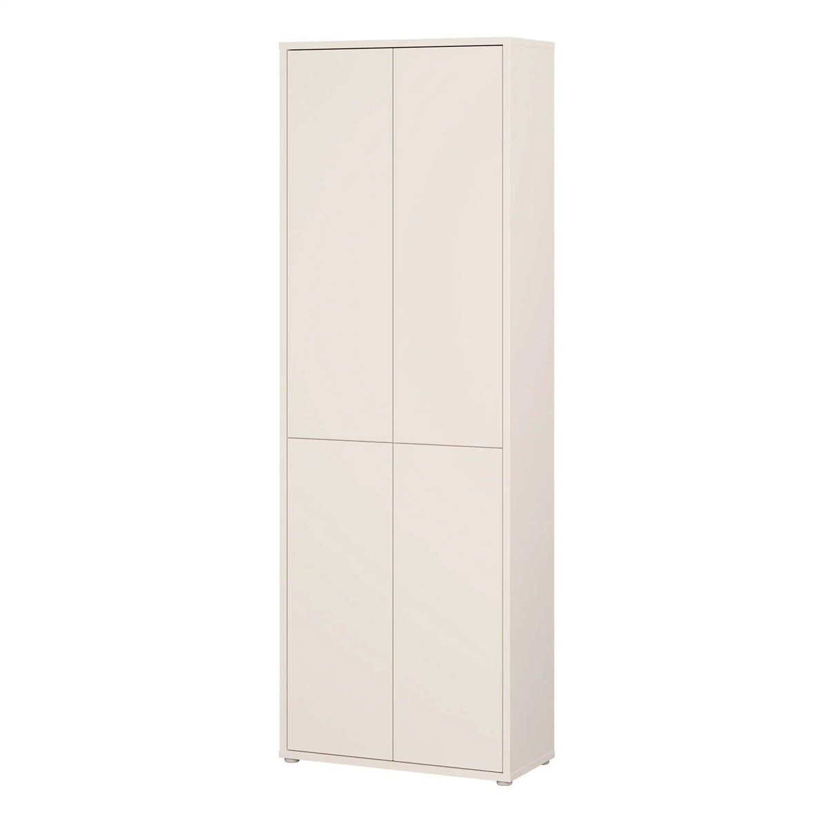 A tall, narrow two-door cabinet in a warm off-white or cream finish, shown against a plain white background.