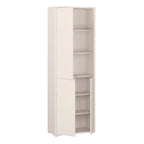 A tall, narrow bookcase cabinet in a light warm off-white finish, featuring one upper door and two lower doors, with multiple open shelves inside, shown on a plain white background.