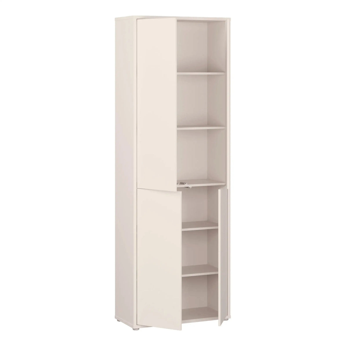 A tall, narrow bookcase cabinet in a light warm off-white finish, featuring one upper door and two lower doors, with multiple open shelves inside, shown on a plain white background.