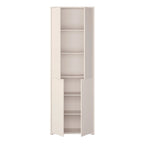 A tall, narrow storage cabinet with two open doors and multiple interior shelves, shown on a plain white background.