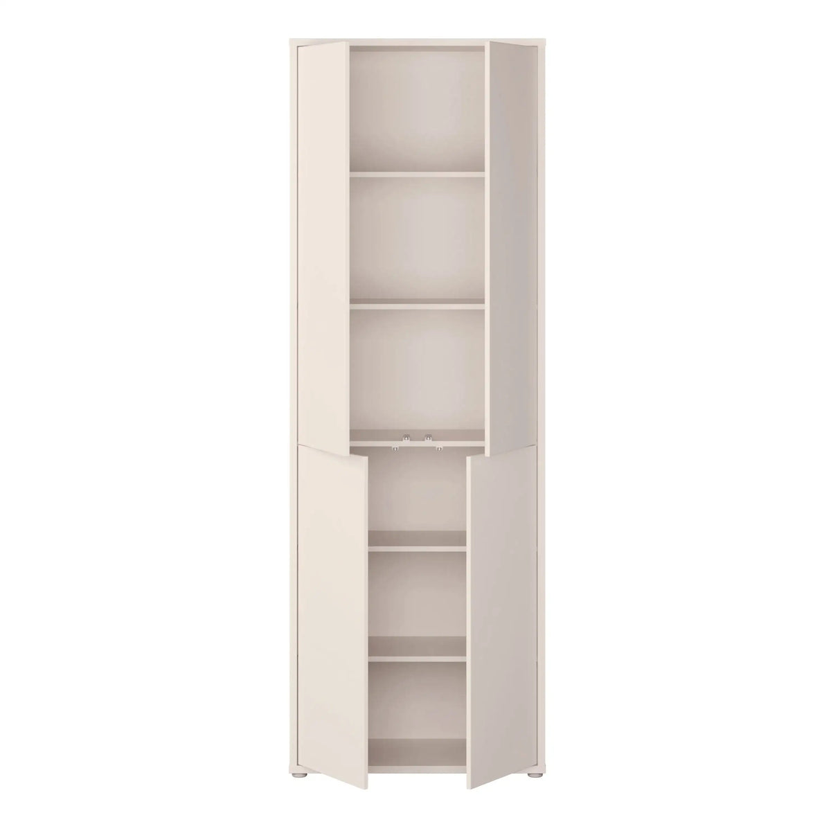A tall, narrow storage cabinet with two open doors and multiple interior shelves, shown on a plain white background.