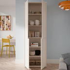 Tall white bookshelf with shelves in a room with a yellow chair and gray sofa.