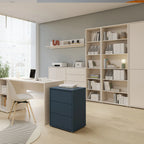 Modern office space with a desk, chair, and bookshelf.