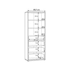 A black-and-white line drawing of a tall shelving unit with multiple shelves and dimension labels showing measurements in centimeters, such as 69,7 cm width and several shelf heights.
