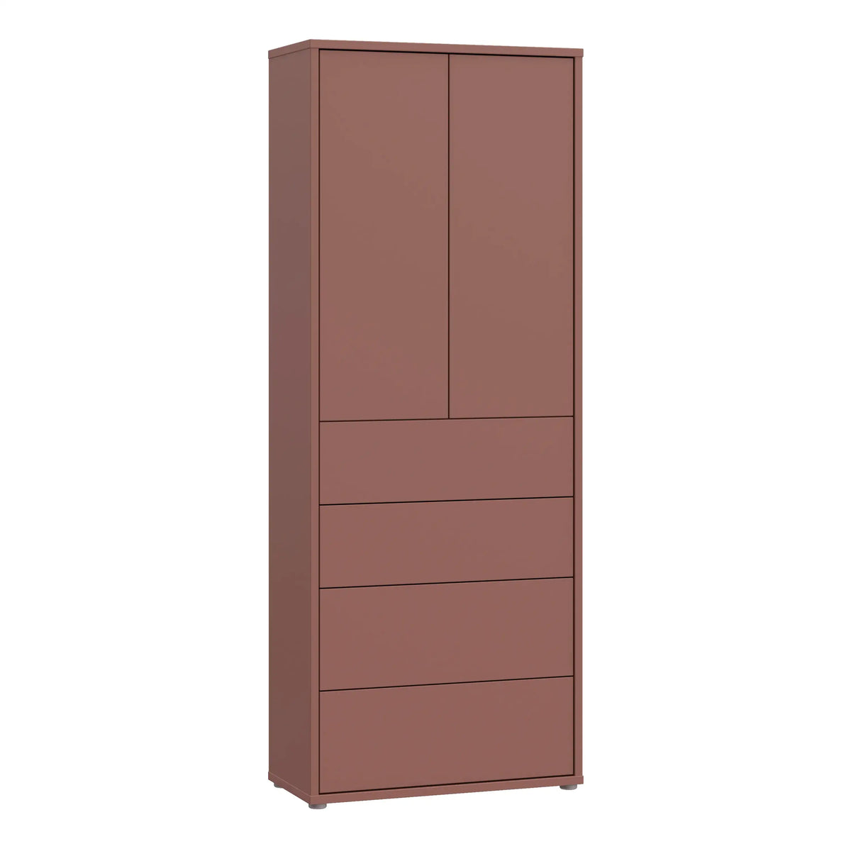 A tall, narrow two-door storage cabinet with five drawers, finished in a matte dusty rose or mauve-brown color, shown against a plain white background.
