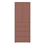 A tall, narrow storage cabinet or wardrobe with a warm brown finish, featuring two upper doors and four lower drawers, shown against a plain white background.