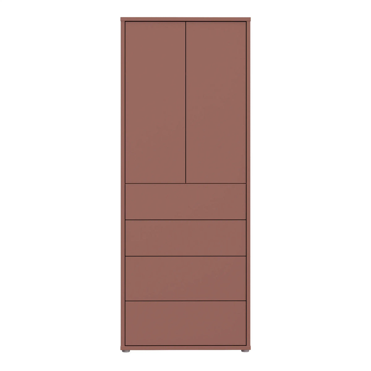 A tall, narrow storage cabinet or wardrobe with a warm brown finish, featuring two upper doors and four lower drawers, shown against a plain white background. Main image