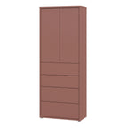 Brown wardrobe with two doors and four drawers on a white background