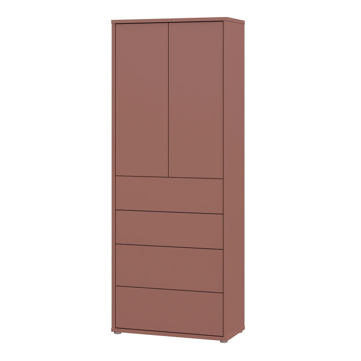 Brown wardrobe with two doors and four drawers on a white background