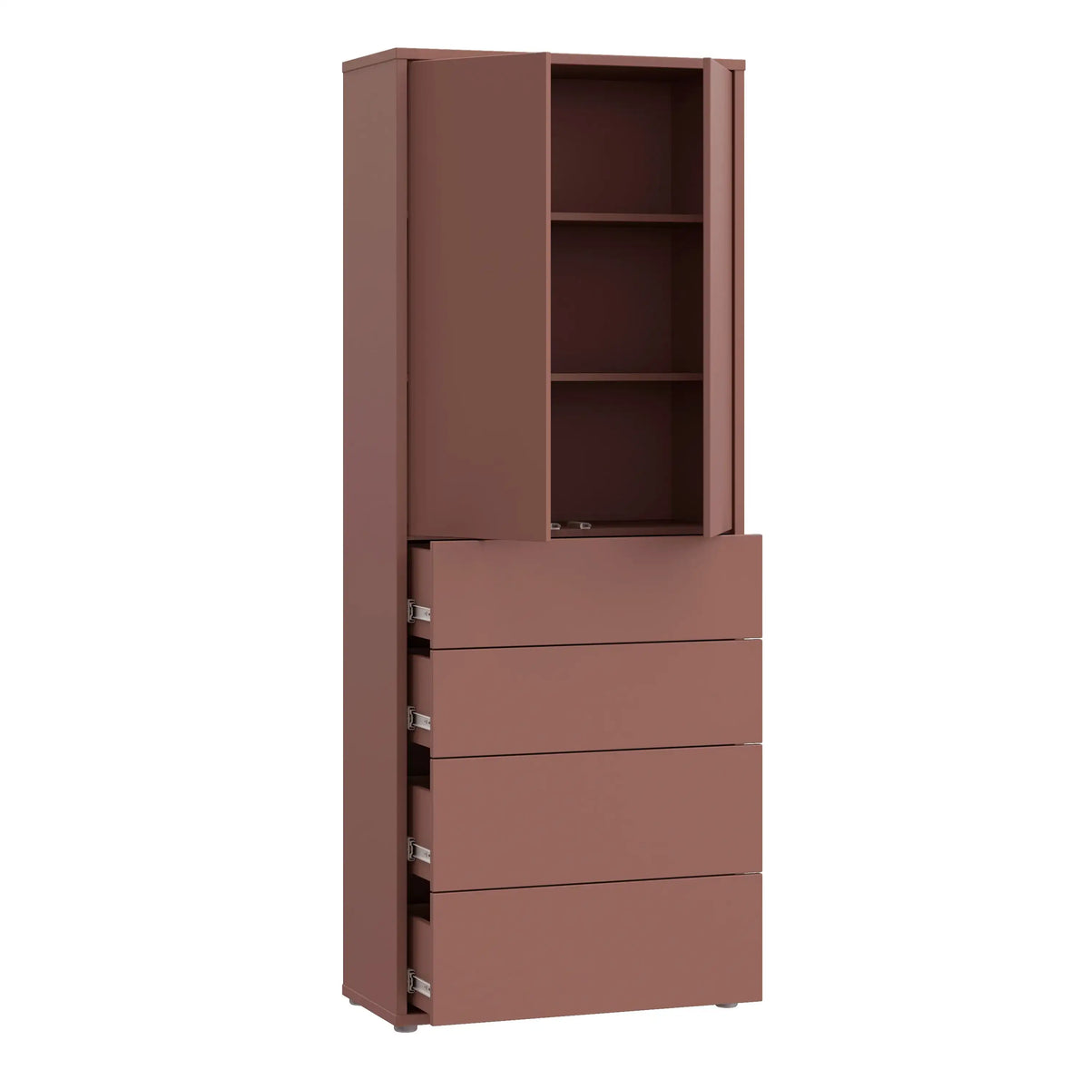 A tall, narrow storage cabinet in a muted dusty rose or mauve-brown finish, with one upper door open to reveal shelves and four drawers below. The cabinet is shown on a plain white background.