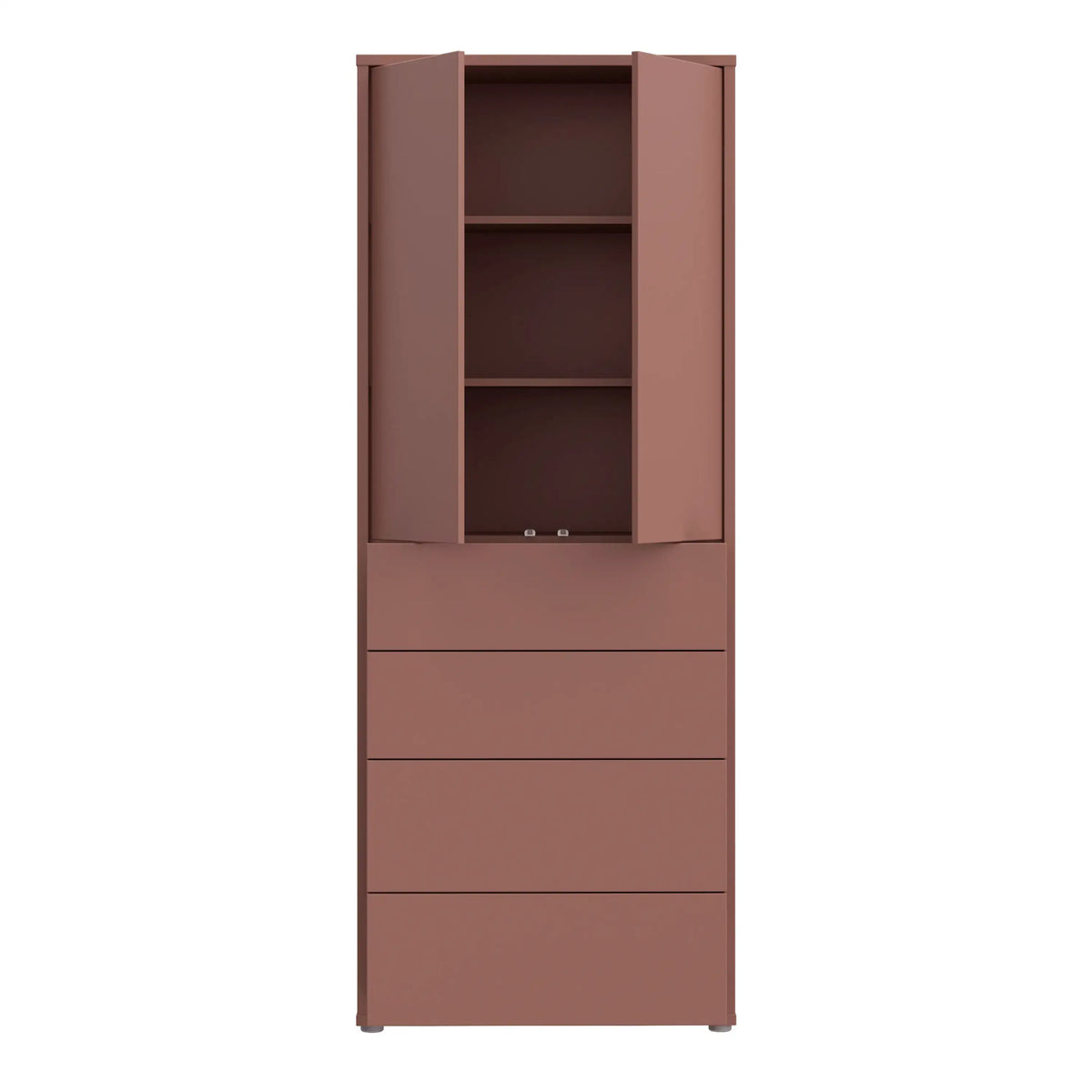 Brown cabinet with open doors on a white background