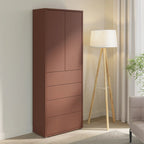 Tall brown cabinet in a room with a lamp and plant