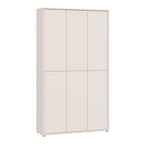 A tall, minimalist three-door wardrobe or closet cabinet in a warm off-white/cream finish, shown from a three-quarter angle against a plain white background.
