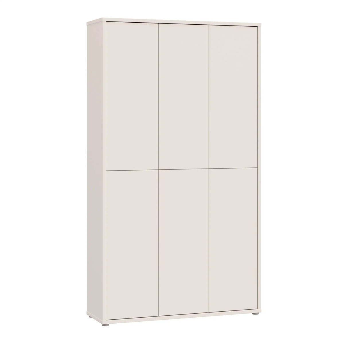 A tall, minimalist three-door wardrobe or closet cabinet in a warm off-white/cream finish, shown from a three-quarter angle against a plain white background.