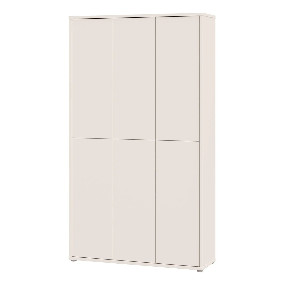 A tall, minimalist three-door wardrobe or storage cabinet in a warm off-white/cream finish, shown against a plain white background.