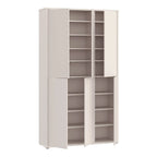 A tall, narrow storage cabinet with multiple doors and open shelving, shown on a plain white background.