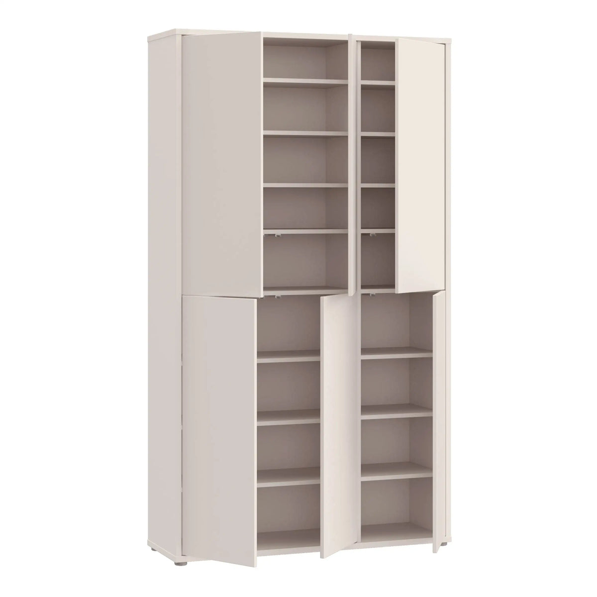 A tall, narrow storage cabinet with multiple doors and open shelving, shown on a plain white background.
