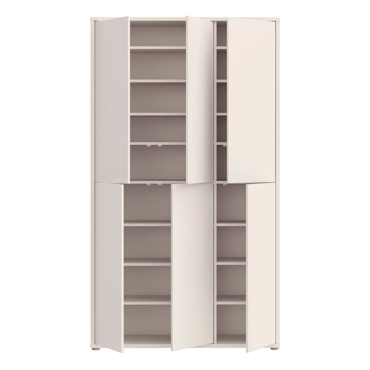 White storage cabinet with multiple shelves on a white background