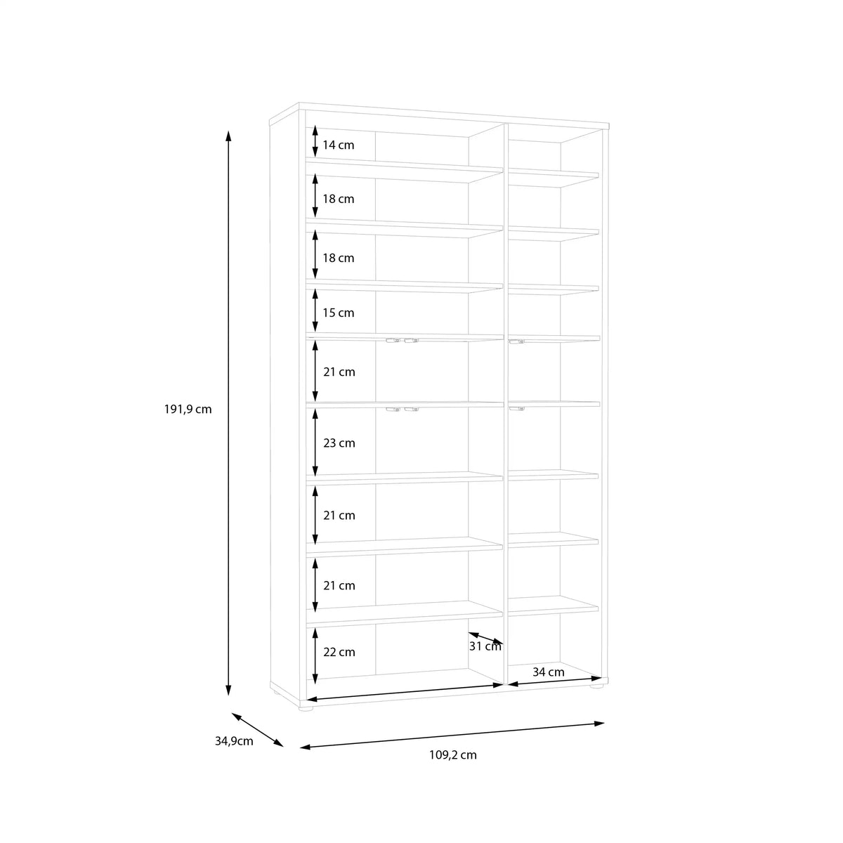 A white line drawing of a tall shelving unit with dimension arrows and measurements around it, including 191.9 cm height, 109.