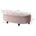Pink tufted ottoman with dimensions labeled on a white background