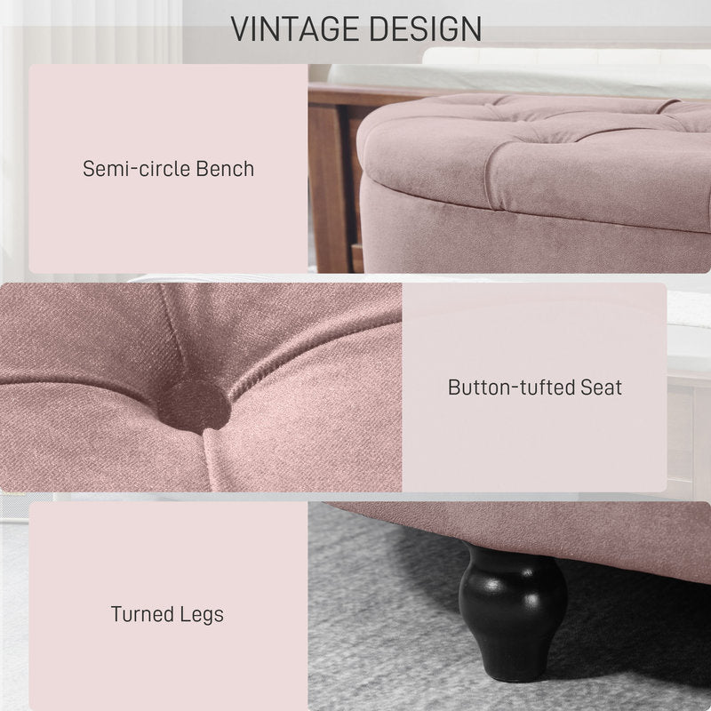Collage of a pink semi-circle bench with vintage design features labeled.