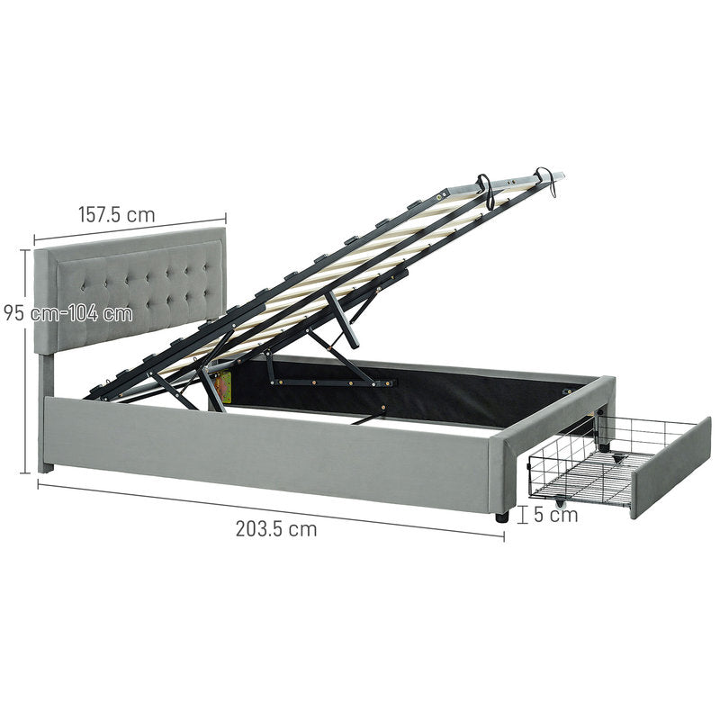 Gray bed frame with storage compartments and dimensions labeled on a white background