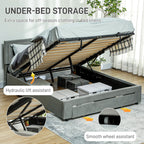 Gray bed with under-bed storage compartment open, showing hydraulic lift assistant and smooth wheel assistant features.