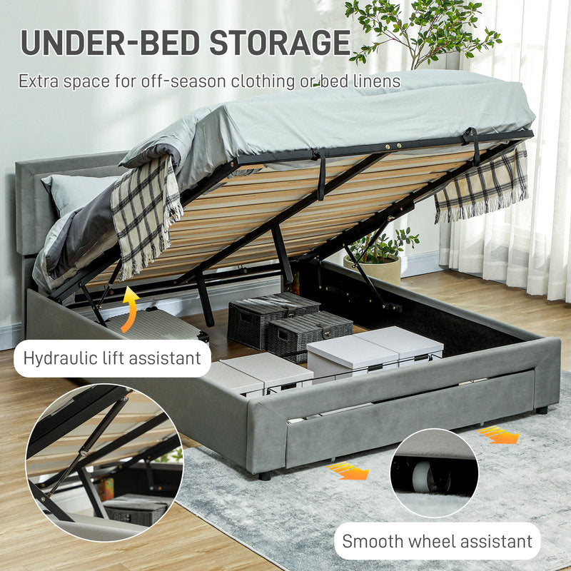 Gray bed with under-bed storage compartment open, showing hydraulic lift assistant and smooth wheel assistant features.