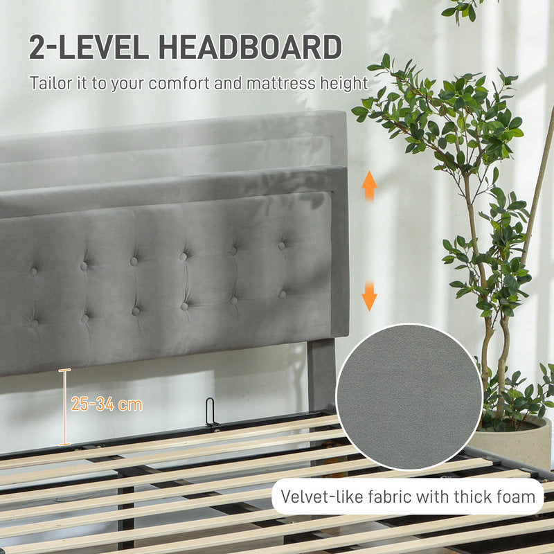 Gray 2-level headboard with measurements and fabric texture details, plant in the background.