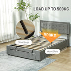 Gray upholstered bed with steel legs and wood slats, featuring a 500KG load capacity label.