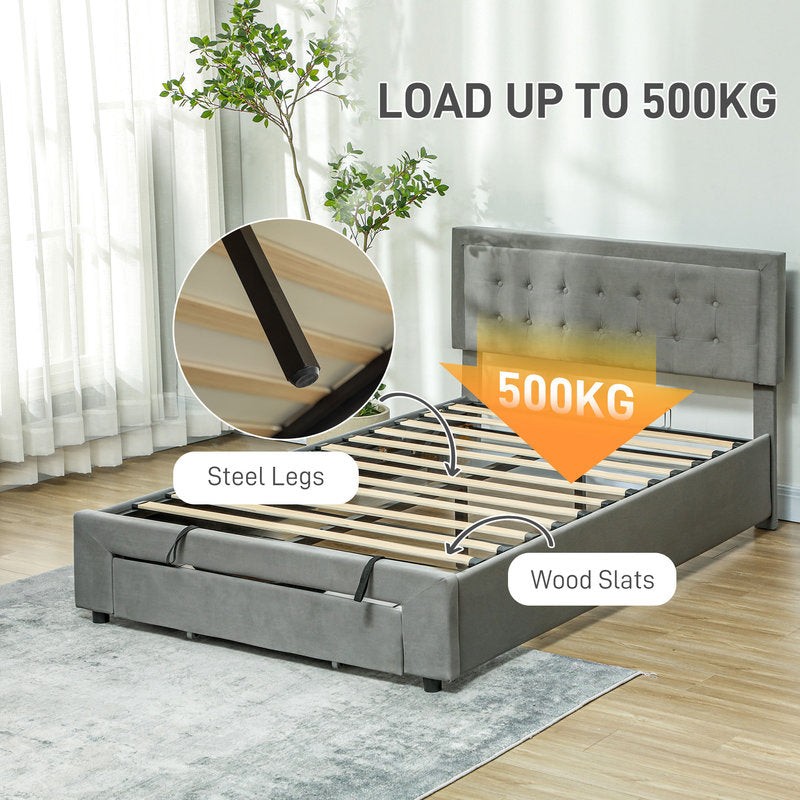 Gray upholstered bed with steel legs and wood slats, featuring a 500KG load capacity label.