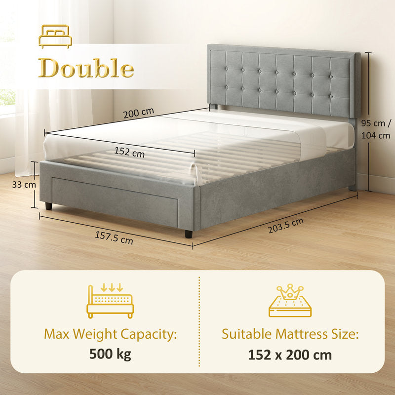 Gray upholstered bed with dimensions and capacity details on a wooden floor.