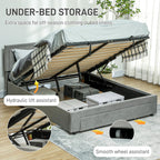 Gray upholstered bed with under-bed storage system in a bedroom setting.