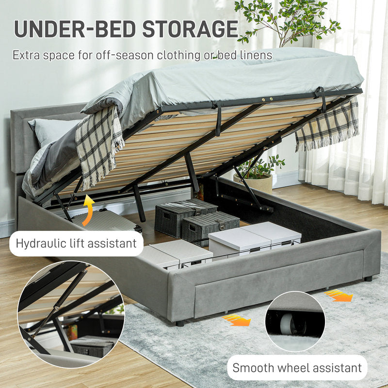 Gray upholstered bed with under-bed storage system in a bedroom setting.