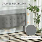 Gray 2-level headboard with measurements and fabric texture details, plant in the background.