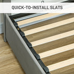 Wooden slats with metal brackets on a wooden floor, labeled 'Quick-to-Install Slats'.