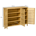 Wooden cabinet with open doors showing dimensions on a white background