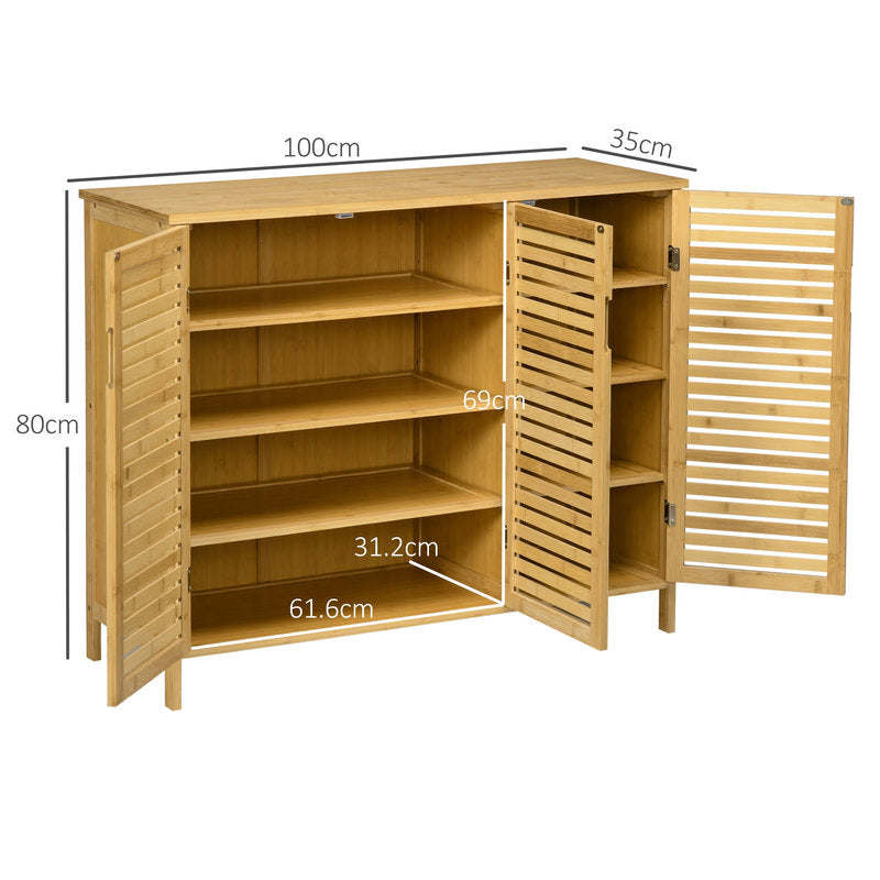 Wooden cabinet with open doors showing dimensions on a white background