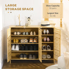 Wooden shoe storage cabinet with shoes on shelves in a room setting.