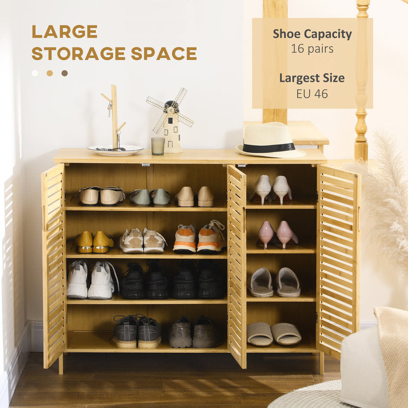 Wooden shoe storage cabinet with shoes on shelves in a room setting.
