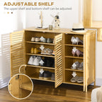 Wooden shoe cabinet with adjustable shelves and shoes inside, on a wooden floor.
