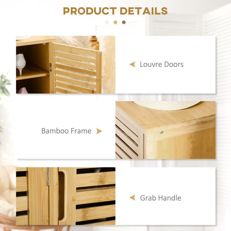 Wooden cabinet with bamboo frame and handle, featuring 'PRODUCT DETAILS' at the top.