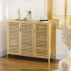 Wooden cabinet with slatted doors in a room setting