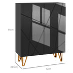 Black geometric-patterned cabinet with gold legs and dimensions on a white background
