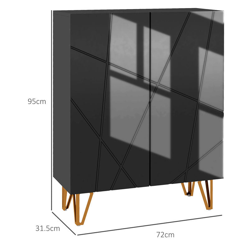 Black geometric-patterned cabinet with gold legs and dimensions on a white background