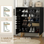 Black shoe cabinet with adjustable shelves displaying various shoes, with illustrations of shoe types on the left.
