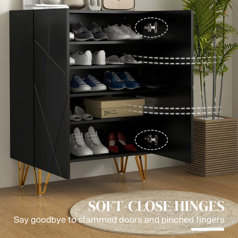 Black shoe cabinet with shelves containing shoes and a plant on a wooden floor.